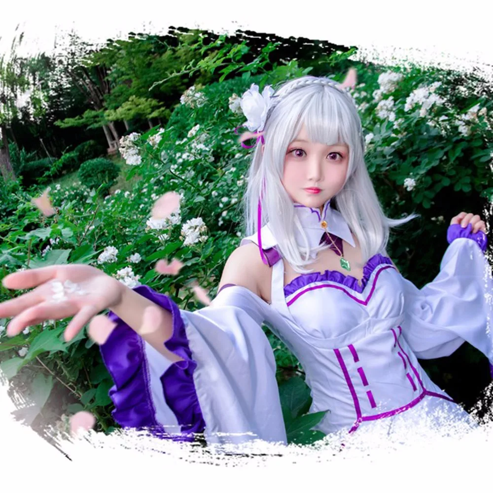 Re Zero Hajimeru Isekai Seikatsu Emilia костюм для косплея(платье* 1 шт., чулок* 2 шт., головной убор* 1 шт