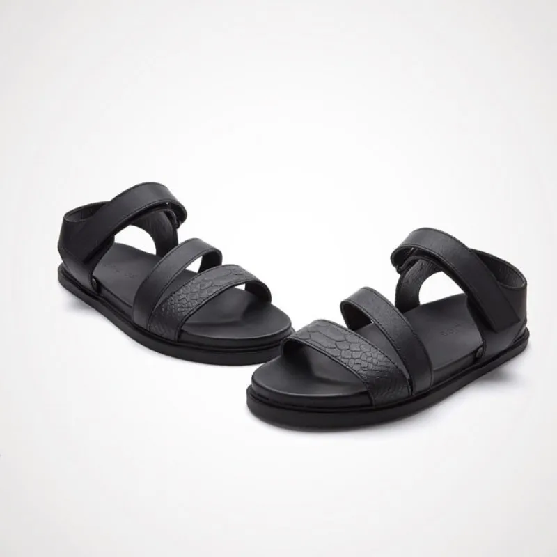 Мужские летние сандалии на липучке черные роскошные римские из натуральной кожи