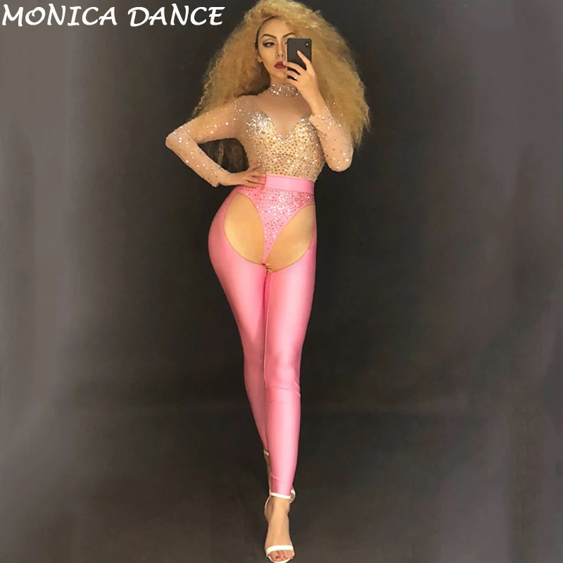 Mesh Glisten Silver Rhinestones Dj Jumpsuit Women's Birthday Celebrate Stretch Pink Leggings Outfit Female Singer Dance Bodysuit