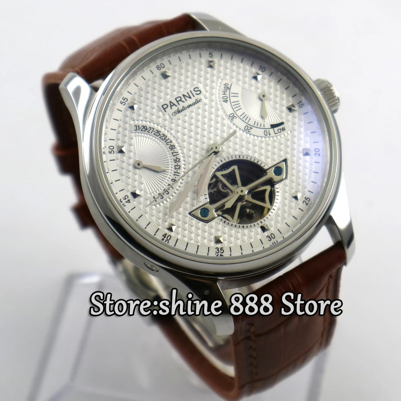 Parnis 43 мм запас мощности белый циферблат коричневый ремешок раскладной застежка