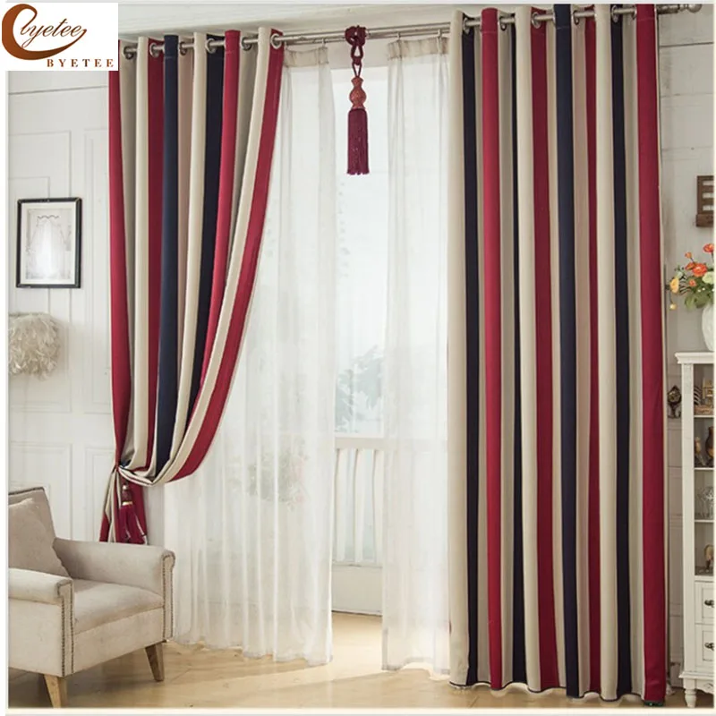 Cortina para Sala de Crianças Byetee Mediterrâneo Vermelho-azul Listra Vertical Menino Menina Sala Estar Quarto Pastoral Cortina