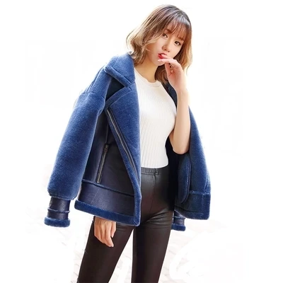 Navy blue Высококачественная шерстяная куртка, женская теплая верхняя одежда, зимняя Новинка, повседневное тонкое пальто из овечьей шерсти, мотоциклетные женские крутые пальто, Короткие топы - Цвет: Navy blue
