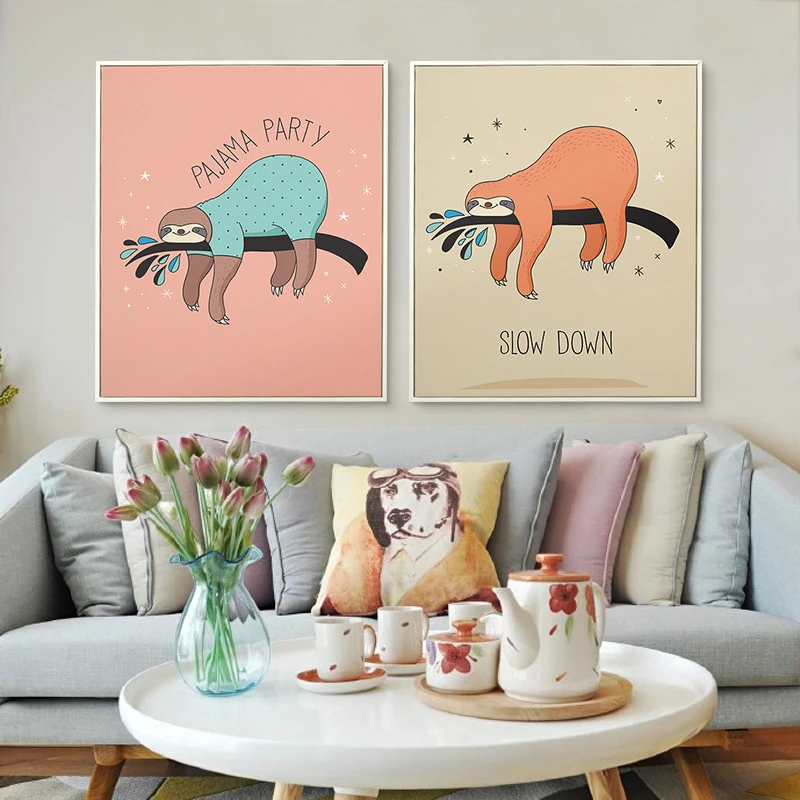 Картина HAOCHU Ленивец На дереве Take Your Time с мультяшным животным на холсте для