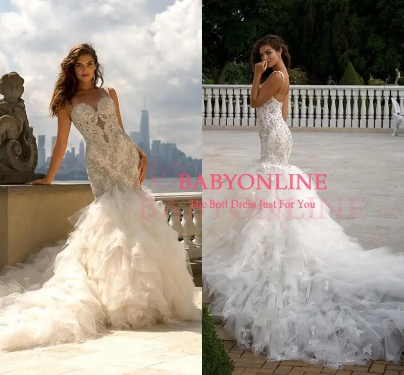 2017 Новый Спинки Русалка Свадебные Платья Милая Уровни Оборками Юбки Встроенная