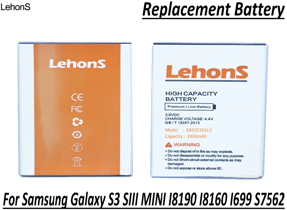 LehonS 2x2450 мАч Мобильный телефон Аккумулятор для Samsung Galaxy S3 SIII MINI I8190 I8160 I699 S7562 EB425161LU +