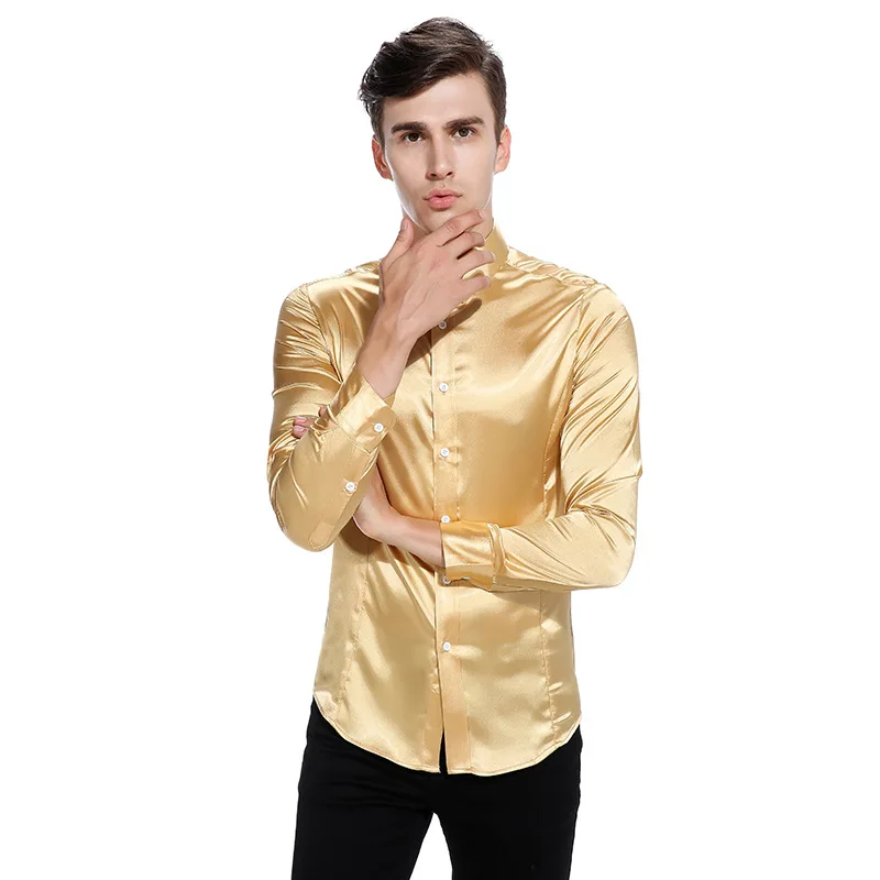 Мужская шелковая атласная рубашка Модная приталенная под смокинг повседневная