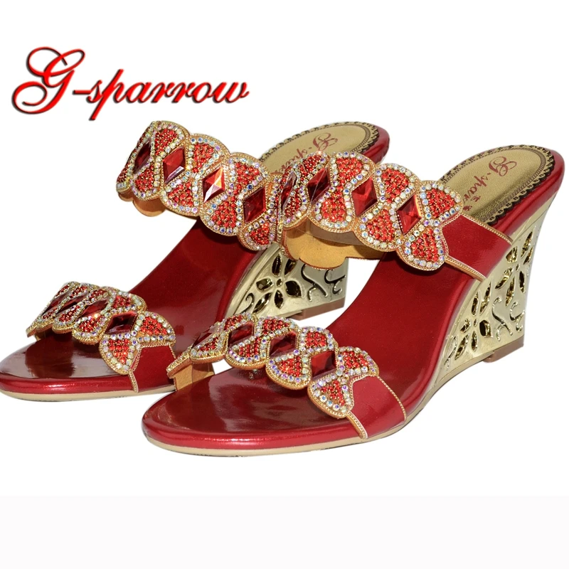 

Woman Wedges Summer Sandals HIgh Quality Rhinestone Bow Flower Slippers High-heeled Sandal Restroom Shoes Honeymoon Pumps