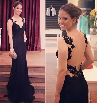 

Sexy Nude Tulle See Though Back Black Lace Evening Dress