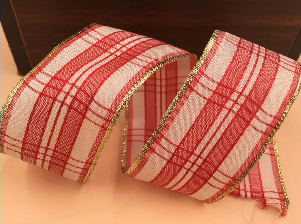38 мм X 25 ярдов проводной золотой край люрекса розовый/белый/красный клетчатая