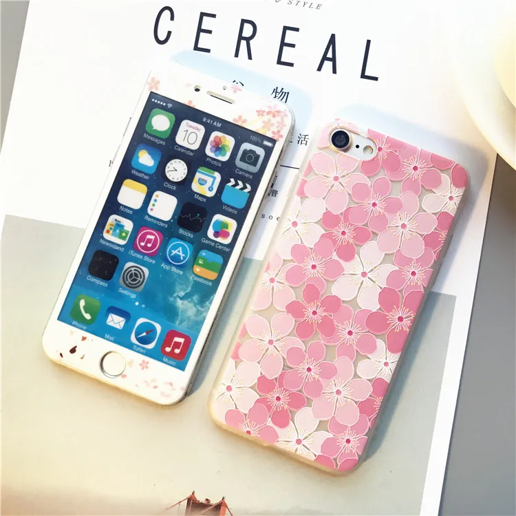 For iphone 8 8Plus case blossom Soft Cover + Tempered Glass Screen Flim for iPhone 6 6S 6sPlus 7 7plus Sakura Cat |