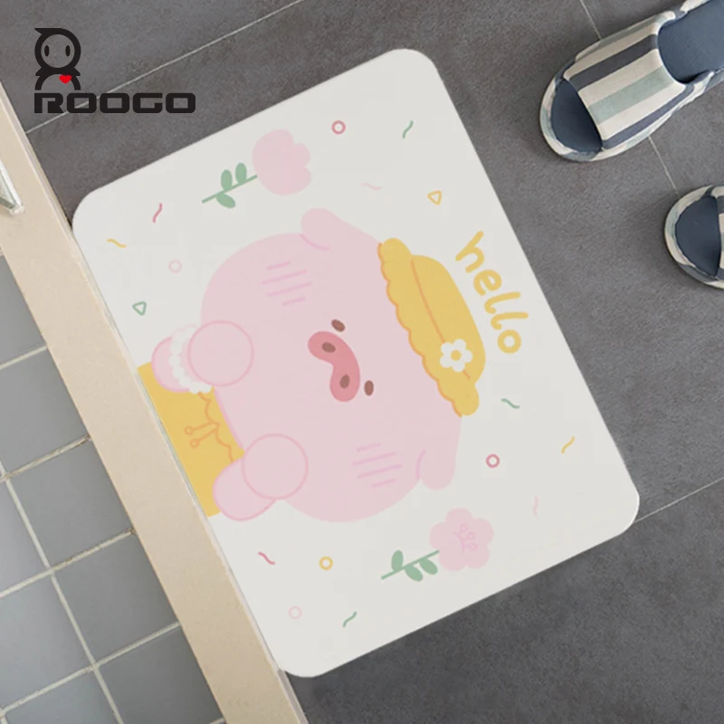 

ROOGO Cute Pink Pig Practical Multifunctional Diatom Mud Pad Bathroom Absorbent Non-slip Pad Heat Insulation Kitchen Table Mats