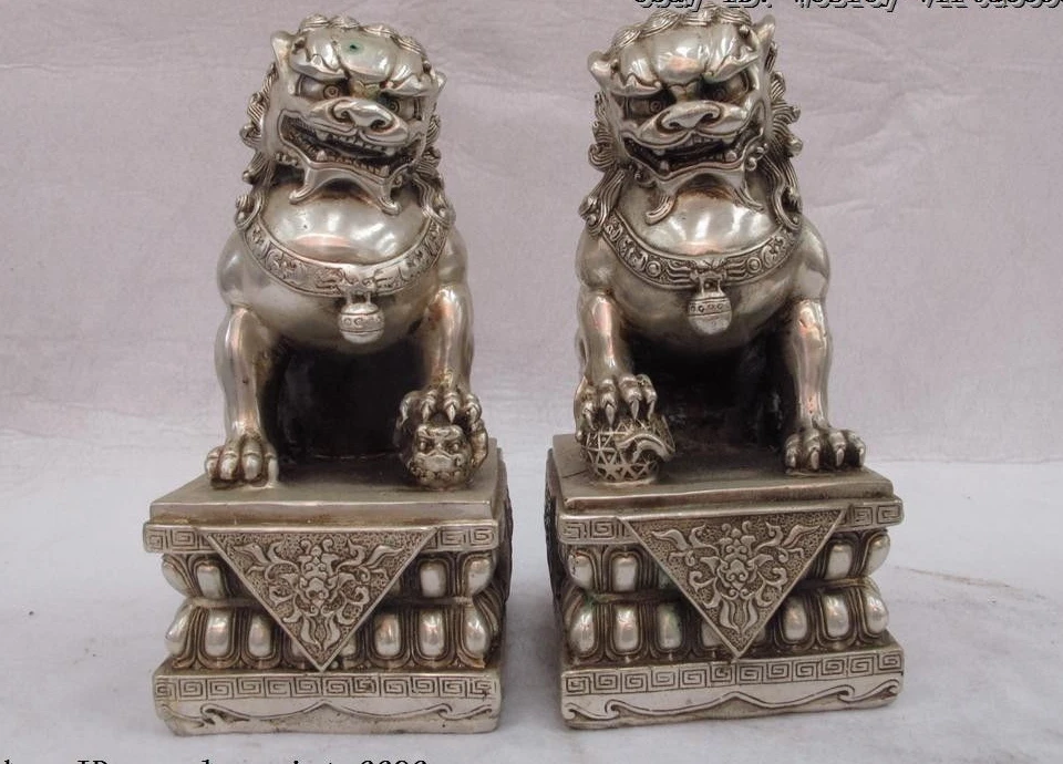 8.5 Chinese White Copper Silver Evil Feng Shui Fu Foo Dog Lion beast Statue pair | Дом и сад