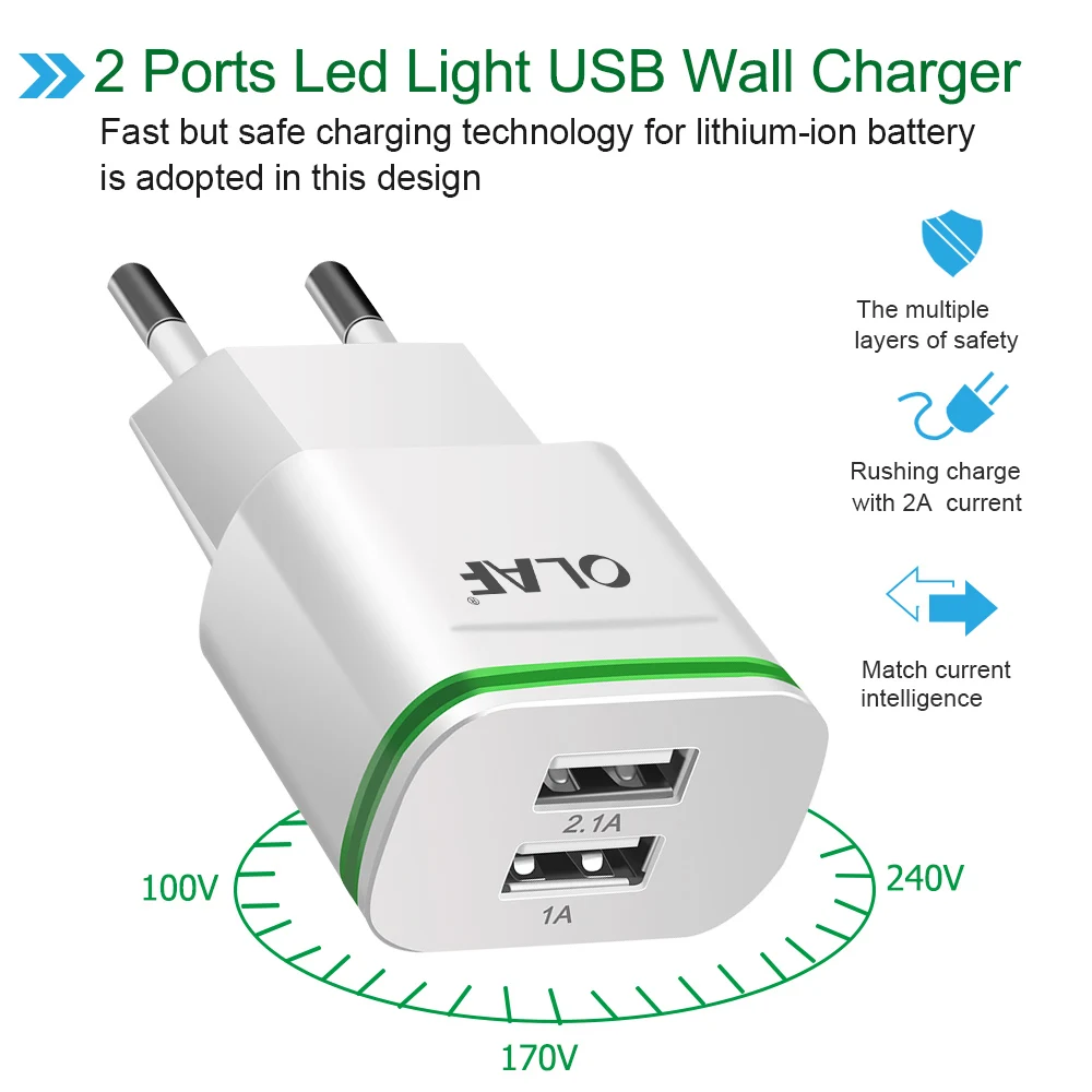 Зарядное устройство Olaf 2 порта USB 5 В А мобильный телефон Micro USB/Type C для Samsung Xiaomi Huawei |