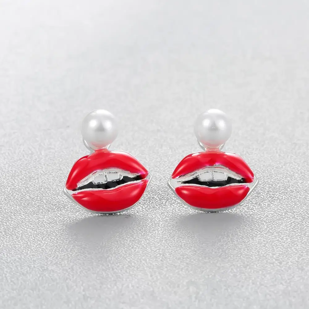 Kinitial Red Enamel Mouth Shape Earring Sexy Lips Simulated Pearl Earrings Female Charming Ear Piercing Jewelry | Украшения и
