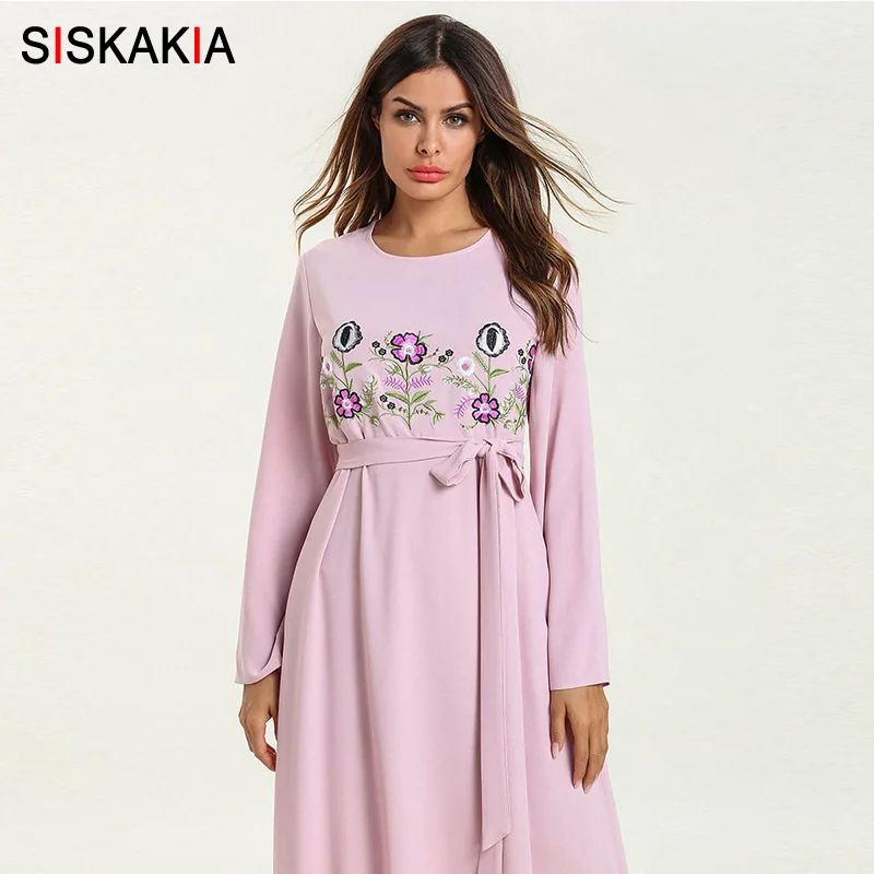 

Siskakia Elegant Women Long Dress Pink Sweet Ladies Floral Embroidery Maxi Swing Dress 2019 New Slim Sash Round Neck Long Sleeve