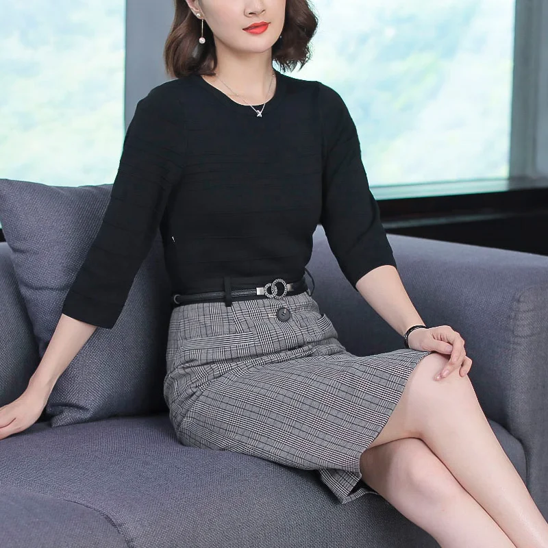 Клетчатое офисное платье для женщин размера плюс вязаное винтажное элегантное