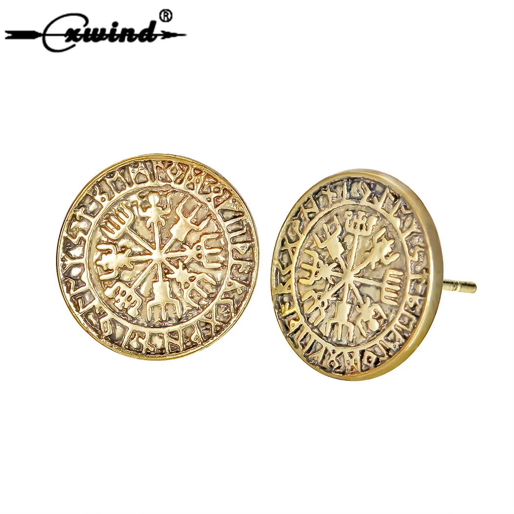 

Cxwind Vintage Earring Viking Runes Vegvisir Compass Stud Earrings For women Odin's Symbol Amulet Round Disc Earrings Jewelry
