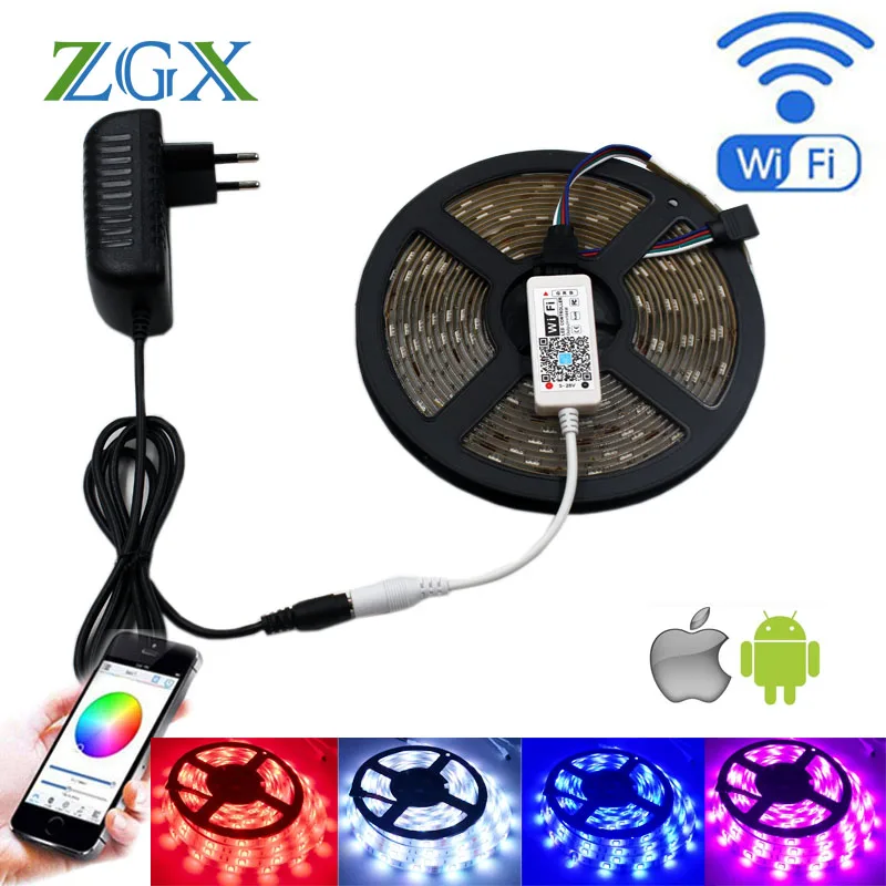 

ZGX Wifi Controller SMD 5050 RGB LED Strip light lamp 5M 10M 15M Flexible Tape diode ribbon Waterproof DC 12V AU UK adapter set