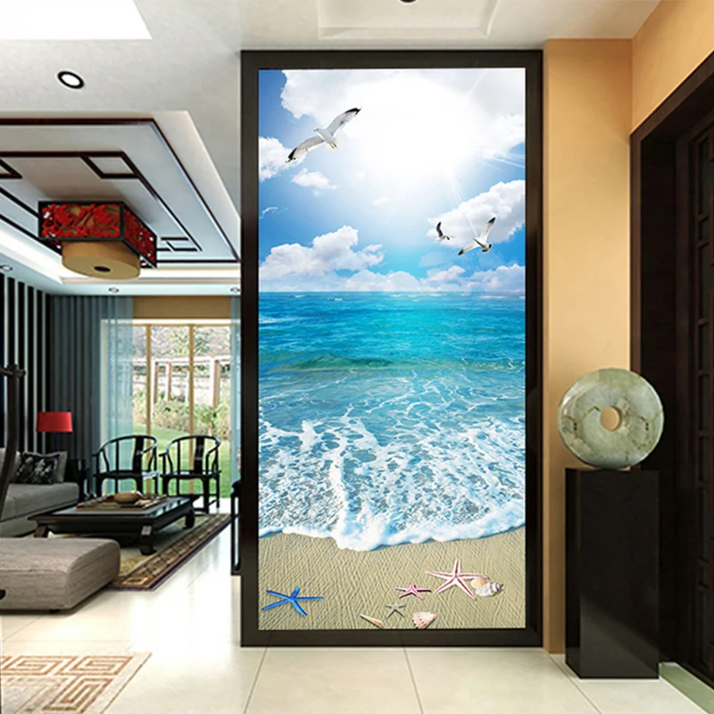 Голубое небо и белые облака 3D Пляж пейзаж фото фрески обои гостиная отель вход