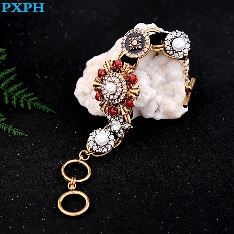 Винтаж Роскошные Имитация жемчуг Хрустальный цветок себе браслет для Для женщин