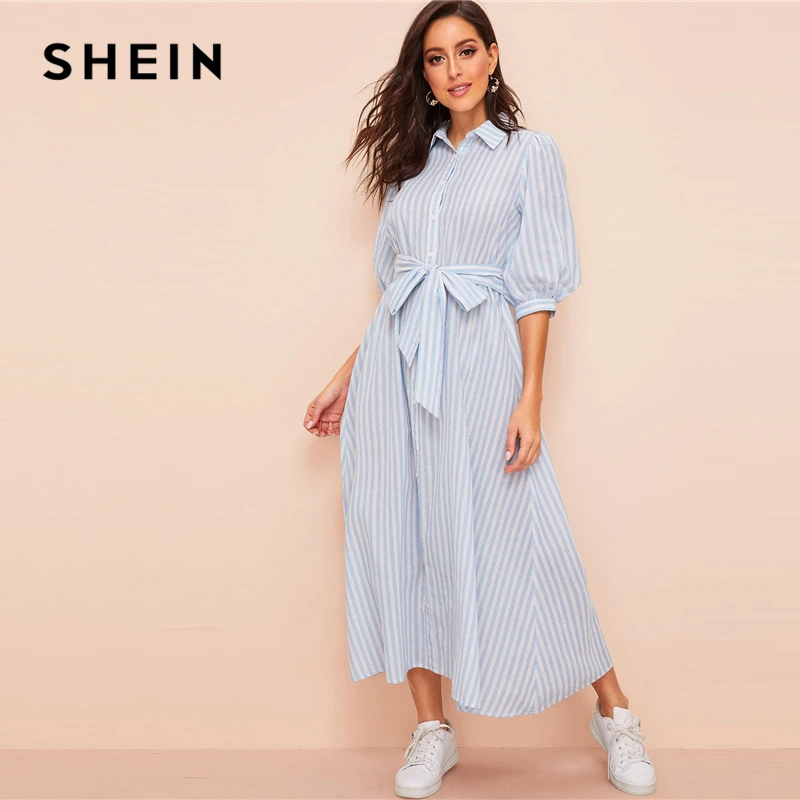 SHEIN платье-рубашка с рукавом-фонариком в полоску, с поясом,, пуговица, рукав до локтя, летнее платье, бохо, синие и белые женские платья