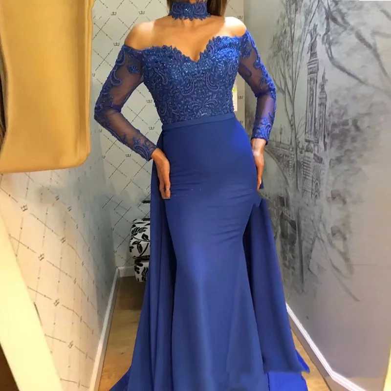 

Royal Blue Dubai Saudi Arabic Long Sleeves Lace Bodice Evening Dresses Applique Mermaid Long Sleeve Prom Gown Abendkleider