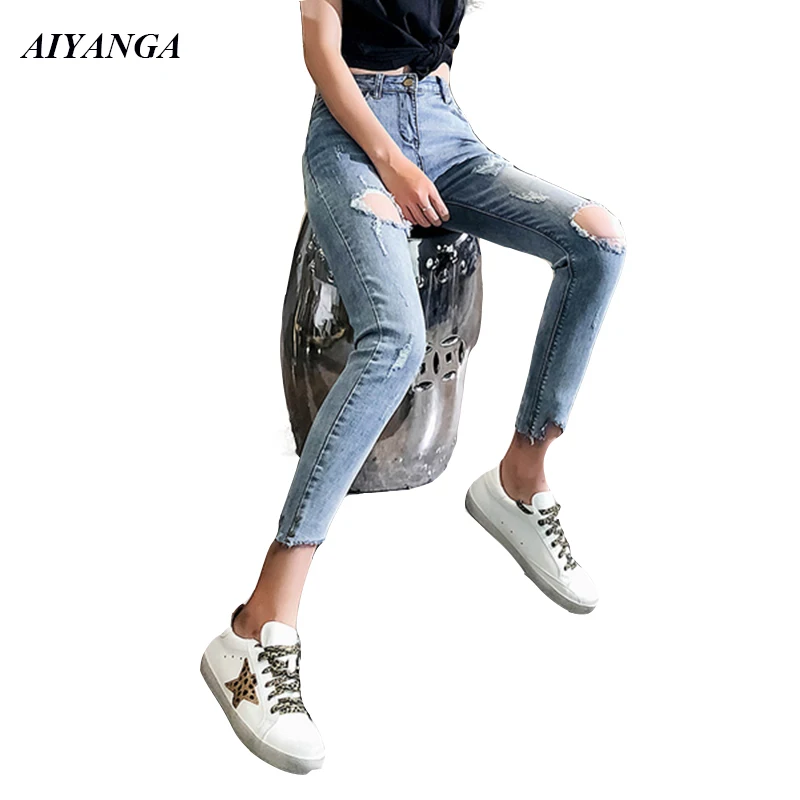 Рваные джинсы для женщин весна-лето 2019 с высокой талией модные уличные