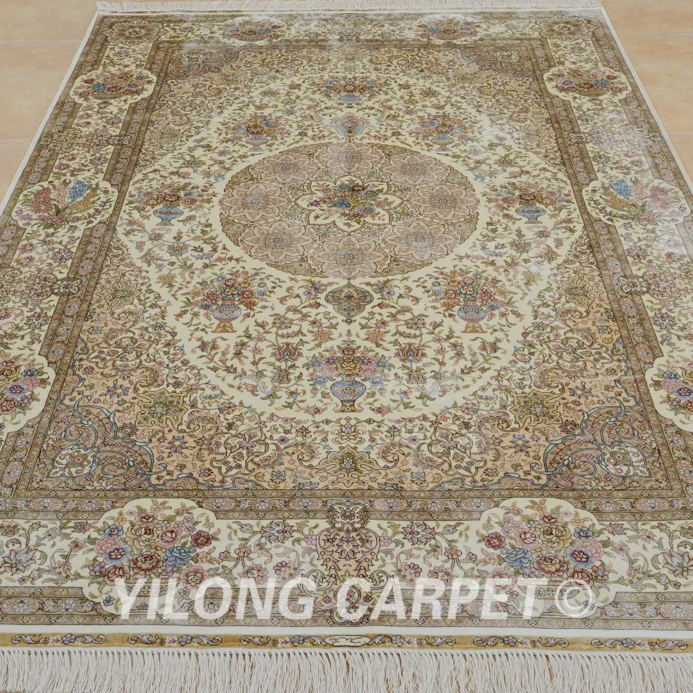 Турецкий ковер ручной работы Yilong 5 'x 7 5' бежевый из искусственного шелка (0193) |