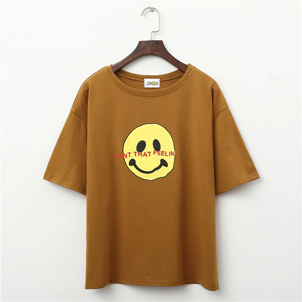 2018 Summer Women Sleeveless Smiley Face Letter Printed O-neck Casual Simple T shirt Female Tees Cotton Elegant Ladies Tops | Женская