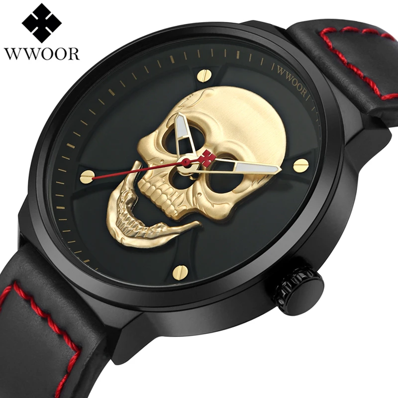 WWOOR кожаный Череп кварцевые простые мужские часы лучший бренд класса люкс Ретро