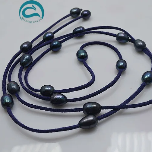 Уникальное ожерелье из жемчуга классическое темно-синее кожаное черное