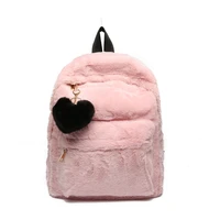 cute solid faux fur backpack heart pendant winter soft womens big plush backpack pink black white rucksack mochila