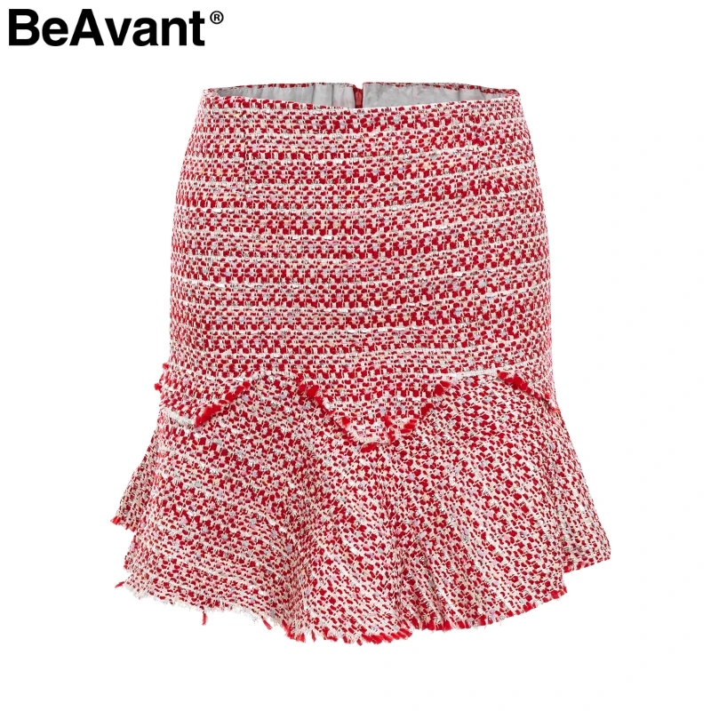 BeAvant, высокая талия, оборки, короткие твидовые юбки, зимние, трапециевидные, официальные, женские мини юбки, Женская Повседневная Уличная одежда, осенняя юбка для женщин - Цвет: Красный