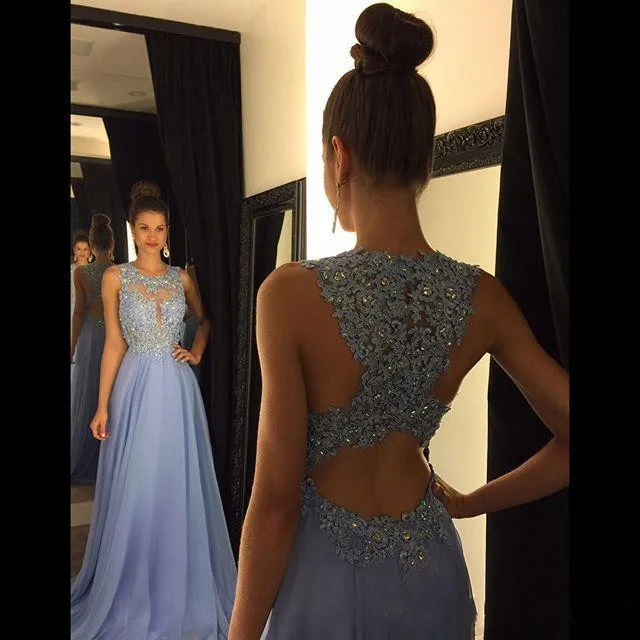 

Lavender 2019 Prom Dresses Lace Applique Beads Formal Long Bridesmaid Dresses A Line Crew Neck Zip Back Chiffon Party Gowns