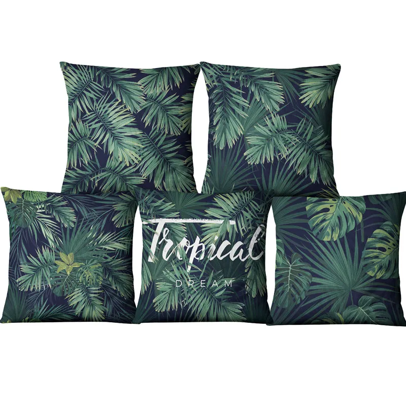 

Modern African Tropical Plant Printed Cushion Cover Green Leaves Linen Throw Pillow Case for Square Pillow Sofa Decor 45X45cm