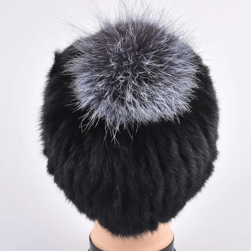 Женская вязаная шапка из меха норки и чернобурки зимняя теплая Модная женская