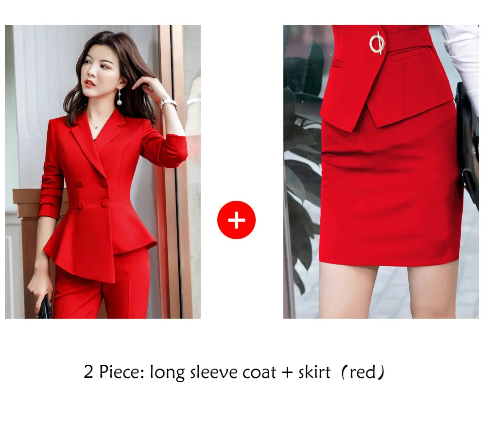 red coat and skirt Для женщин костюмы элегантный профессиональная одежда нерегулярные Chic пиджаки Офисные женские туфли модные Повседневное работы пальто брюки костюмы Женская одежда - Цвет: red coat and skirt