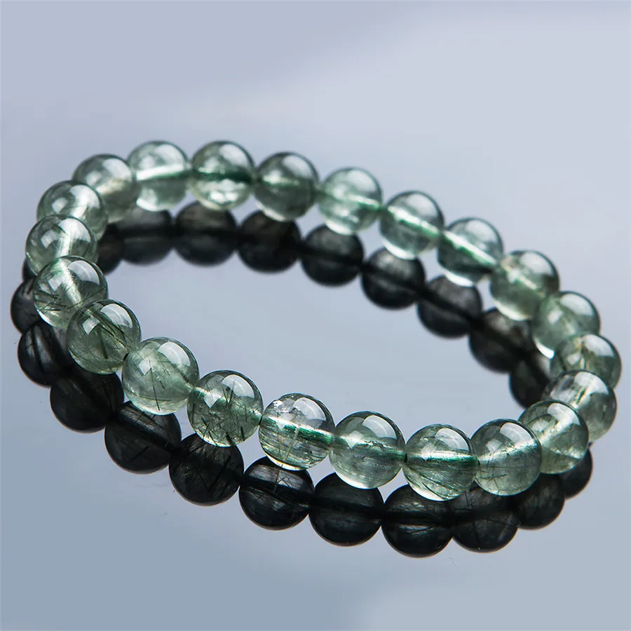 

9mm Brazil Natural Green Rutilated Quartz Crystal Bracelet For Women Femme Stretch Round Bead Charm Bracelet