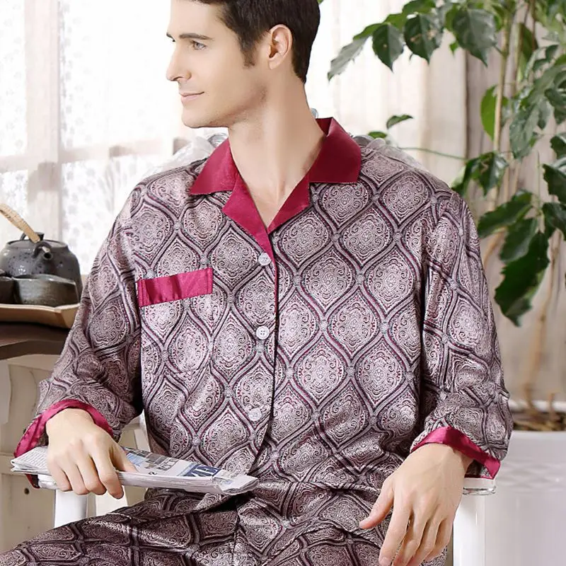 

Xfhh Thoshine Brand Spring Fall China Satin Silk Pajamas Sets Men Geometric Pattern Sleepwear Leisure Home Clothing Superior