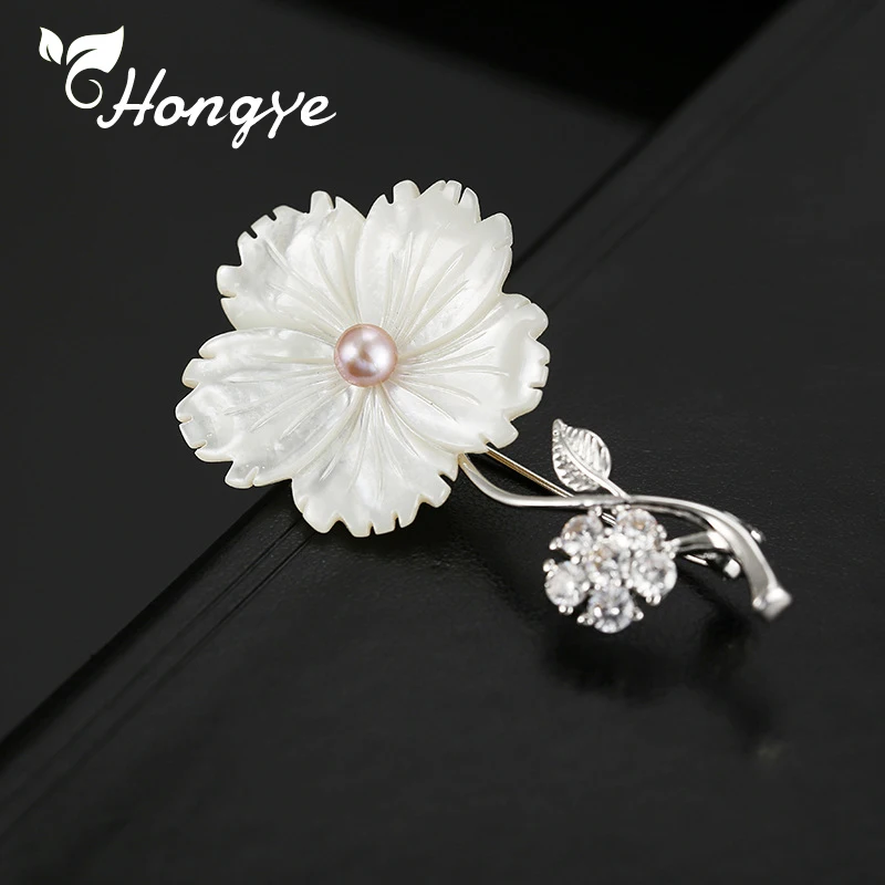 Hongye 925 пробы, серебряные броши для женщин, дизайнерский бренд, вставка из циркона, цветок, брошь на булавке, женская элегантная брошь из пресноводного жемчуга - Цвет камня: silver