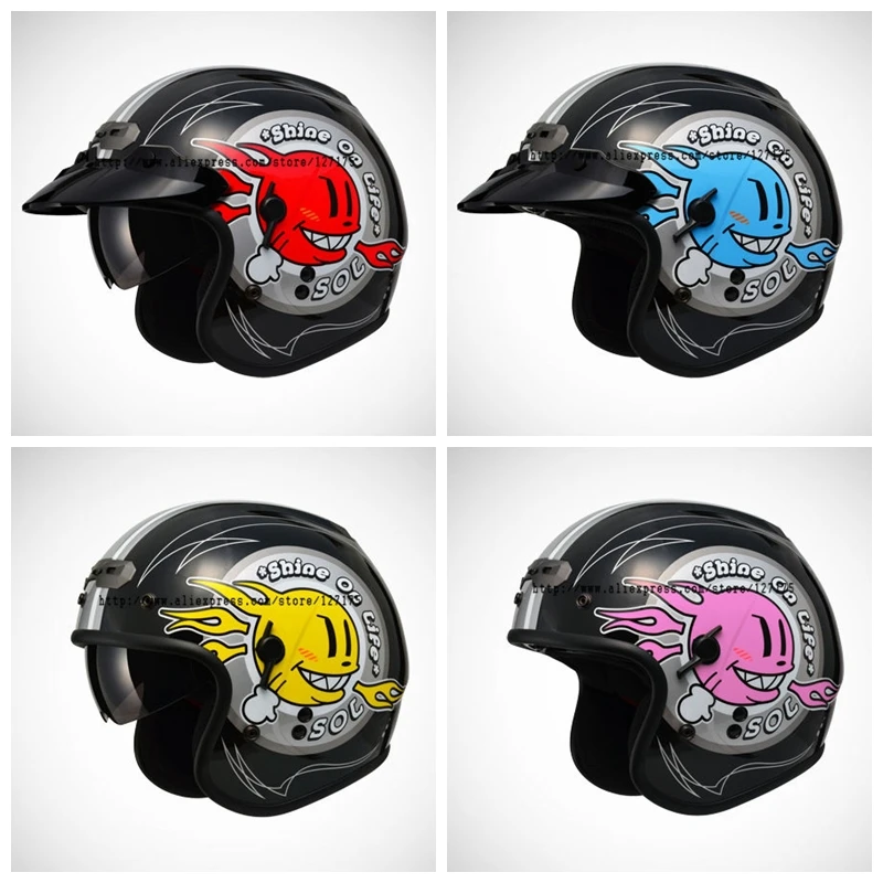 SOL-SO3-0167 3/4 Helmet Retro Black Fire Ball Series 4 Colors Anti-UV 400 Lens Wind&ampSand Proof COOLMAX Lining Meet DOT Test | Автомобили