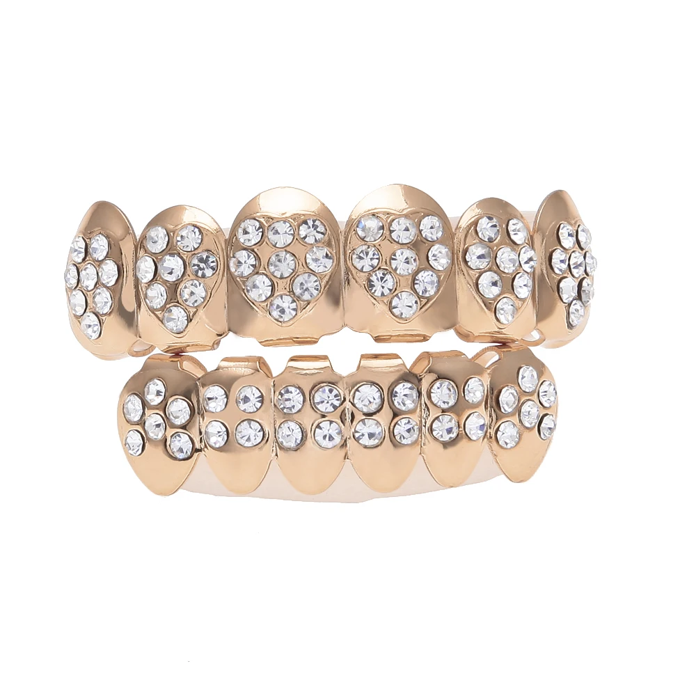 Хип-хоп розовое золото цвет сердце Топ зубы грили шесть зубов со льдом имитация