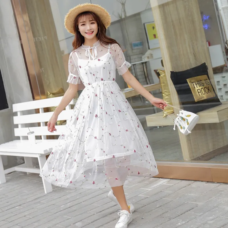 Sweet Mesh Lace Patchwork Women Embroidery Floral Dress Organza Two Pieces Up Female Fashion Summer Dresses Vestidos | Женская одежда