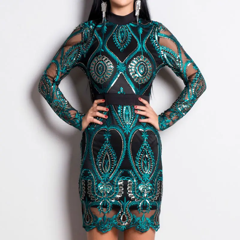 Женское ажурное платье мини с вышивкой зеленое вечернее воротником-стойкой