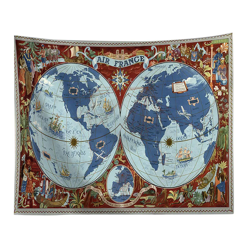 Винтажный настенный гобелен с изображением карты мира Великой парусной эры