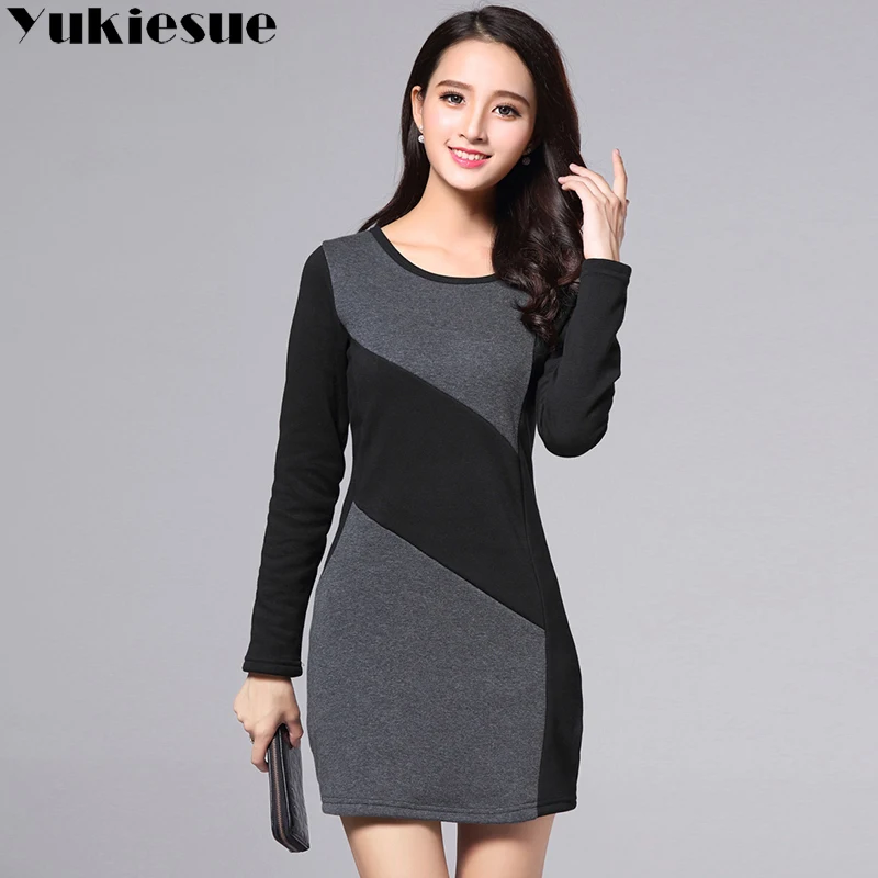 Зимнее теплое флисовое платье для женщин 2018 Водолазка с длинным рукавом