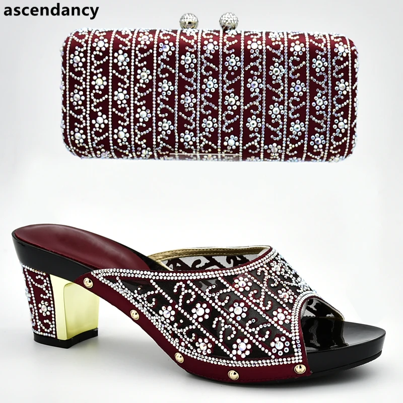 

New Arrival Italian Shoes with Matching Bag Set Decorated with Rhinestone Nigerian Women Wedding Womens Shoes Heels Slip on Shoe