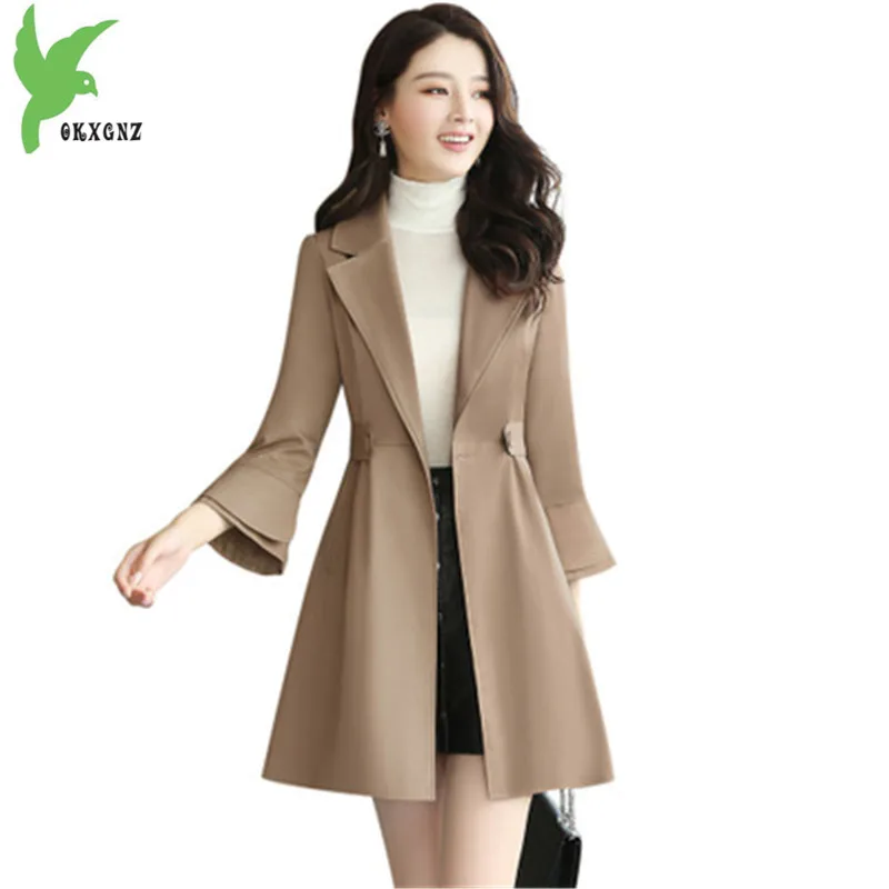 New fashion women's windbreaker Spring autumn Boutique coats Solid color Slim Outerwear Trumpet sleeves female Trench OKXGNZ1339 | Женская
