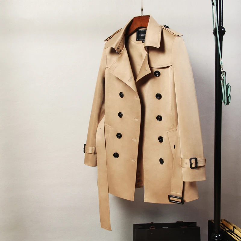 Английский стиль тонкий плащ женский двубортный отложной воротник верхняя