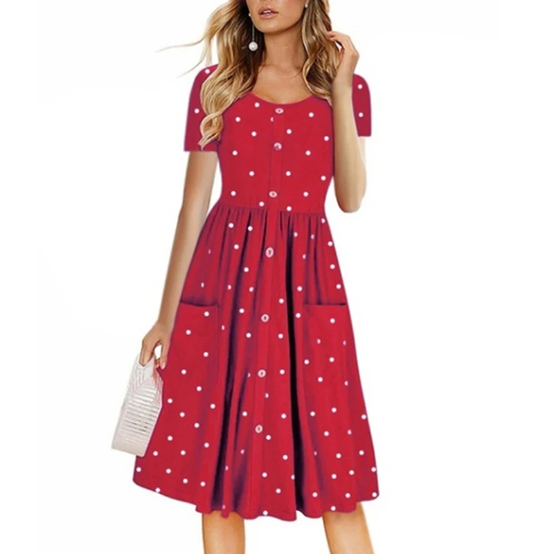 Летние платья с принтом для женщин круглый вырез пуговица талия карман платье